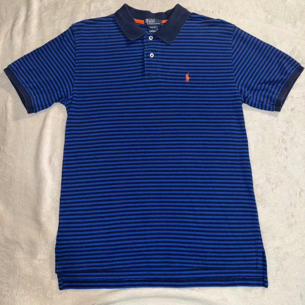 Polo Ralph Lauren Boys Blue Striped Short Sleeve Polo Shirt Size L 16/18 Pony